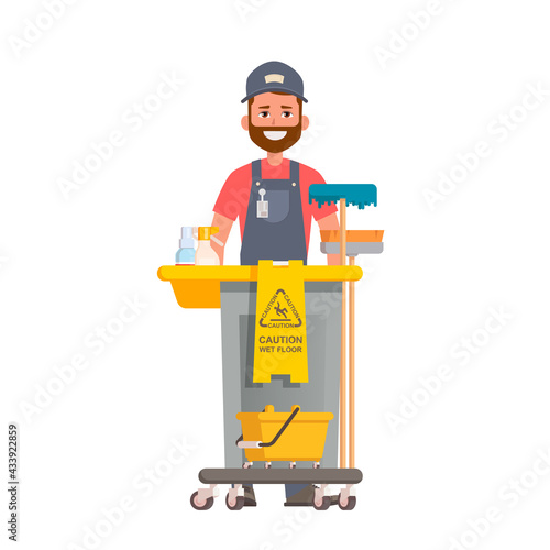 Professional Office Cleaner. Smiling man holding cleaner cart. Front view. Isolated vector illustration