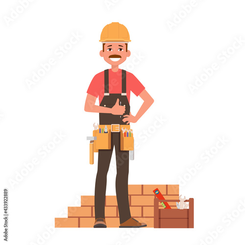 A man in a work clothes and construction helmet with tools shows the thumbs up. Handyman, repairer or builder. Vector illustration