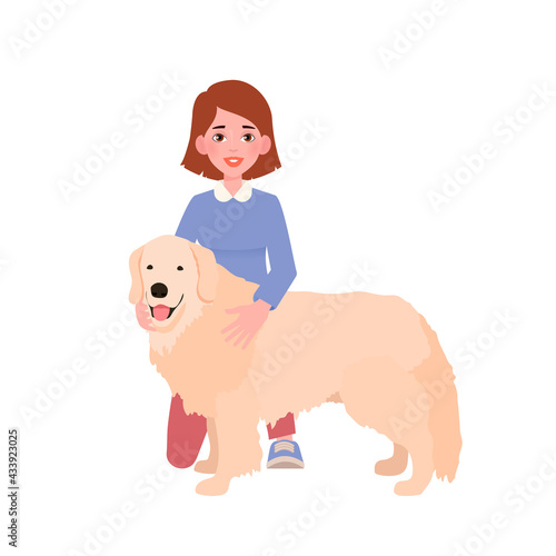 Cheerful pretty young woman hugging her retriever dog. People and pets. Vector illustration isolated on white background