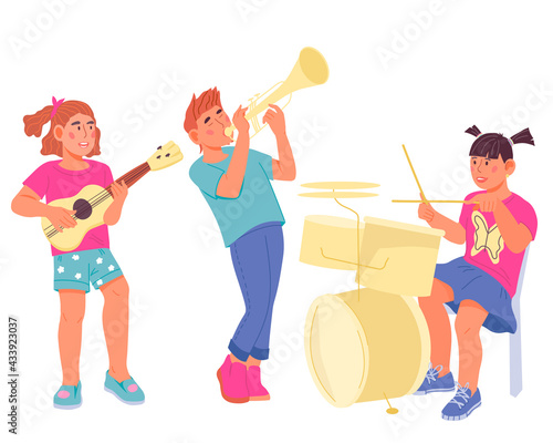 Children playing musical instruments - school orchestra concert performance or music class, flat vector illustration isolated on white background. Children learn to play musical instruments.