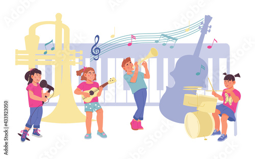 Children playing musical instruments - school orchestra concert performance or music class, flat vector illustration isolated on white background. Children learn to play musical instruments.