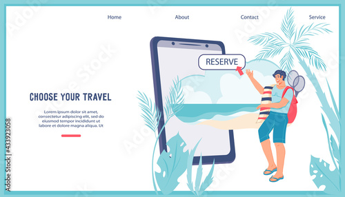 Concept  website of Book your travel and trip planning online.  Smart hospitality industry and travel agent service. Booking hotel and tickets online app, flat vector illustration.