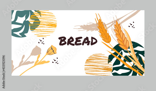 Banner or flyer design for bakery with  cereal plants with decorative elements. Bakery or bakehouse emblem, poster and bread packaging print, flat vector illustration on white background.