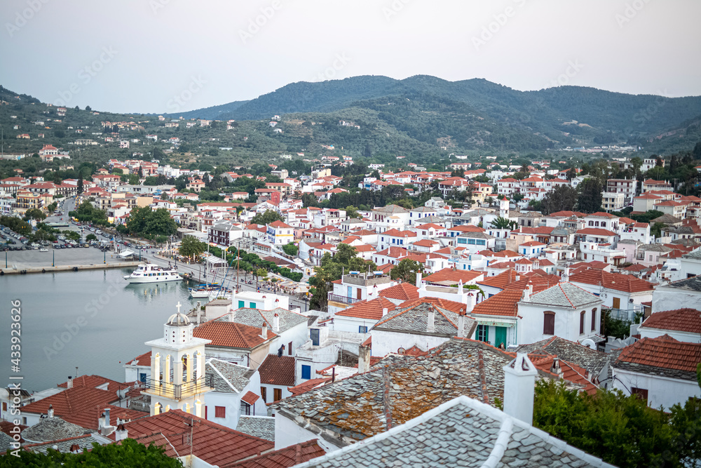 Top view at the Skopelos Port Chora and Hills of the Skopelos Island, Greece.