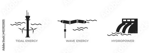 water energy icon set. tidal, wave and hydroelectric power plant. environment, sustainable and renewable energy symbol