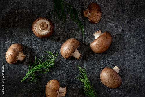 mushrooms on dark gray background studio dark mood style food 