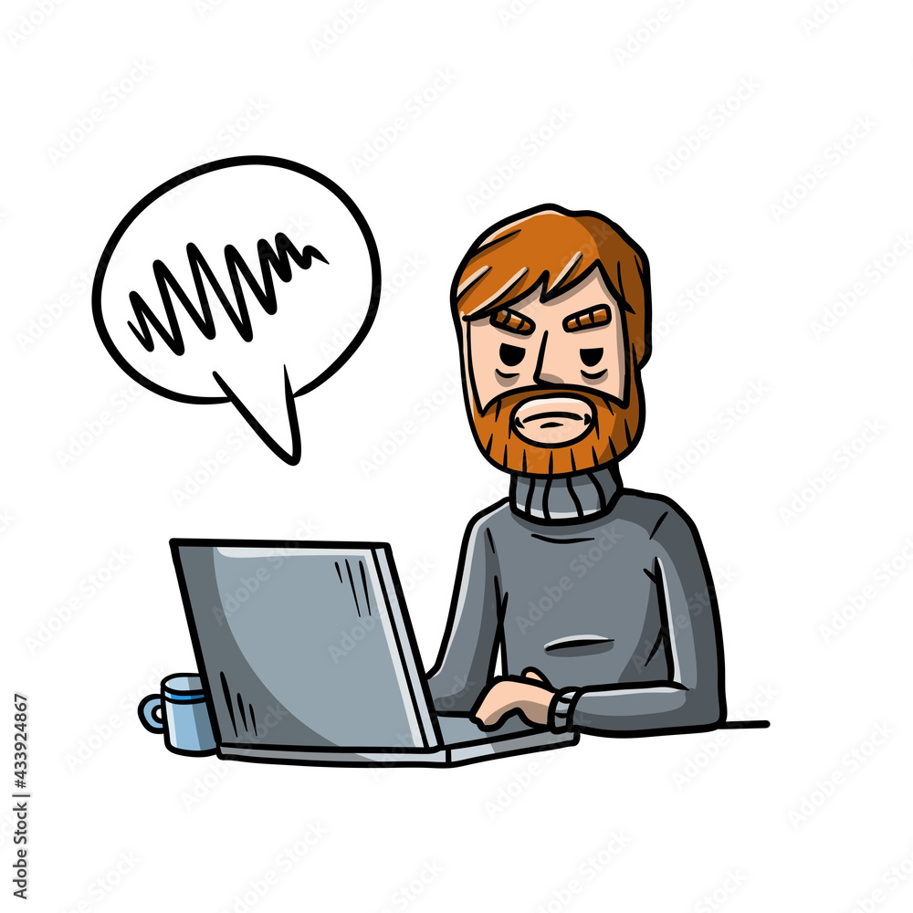 Man sitting at table with laptop. Sad displeased character. Man sitting at table with laptop. Sad displeased character.