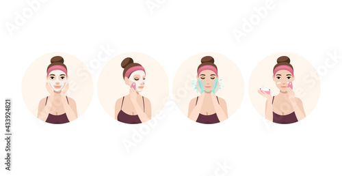 Attractive young woman with a towel around her head and body remove make-up, clean, wash and care her face with sponge. Facial treatment procedures.