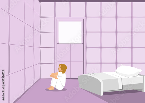 Woman in straitjacket in asylum, girl patient of mentally clinic. Madhouse room with bed, padded soft floor and walls. Psychiatric hospital for people with mental disorder. Cartoon vector illustration