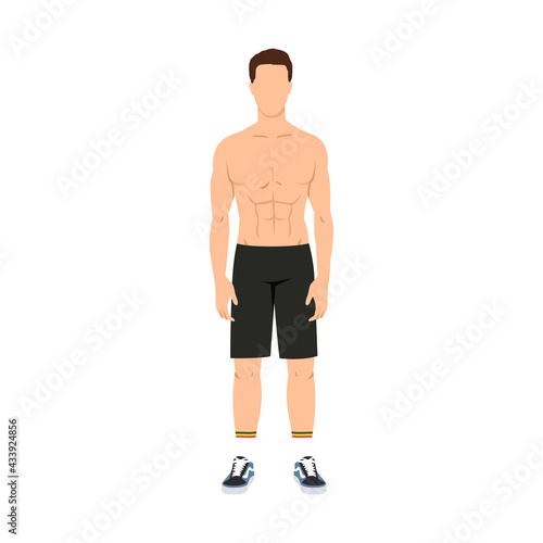 Fitness Model. Trainer. The man standing working out. Athletic man. Fitness muscular body isolated on white background flat vector illustration. Power athletic man