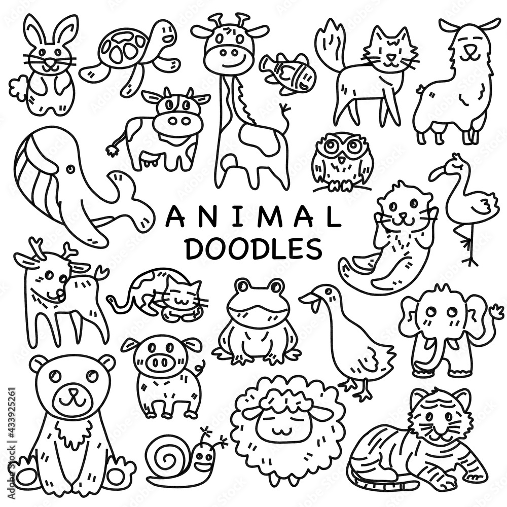 Black lines cute animals, fox, bunny, sheep, cow, tiger, duck, giraffe, turtle, whale, bear, elephant, frog, cat doodle on white background Black lines cute animals, fox, bunny, sheep, cow, tiger, duck, giraffe, turtle, whale, bear, elephant, frog, cat doodle on white background