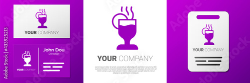 Logotype Mulled wine with glass of drink and ingredients icon isolated on white background. Cinnamon stick, clove, lemon slice. Logo design template element. Vector