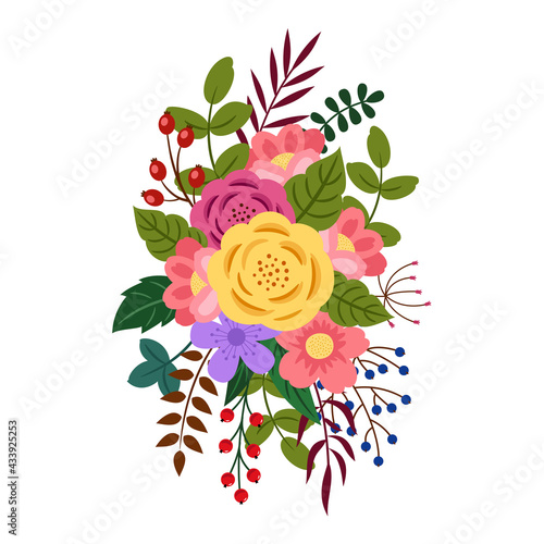 Floristic composition of flowers, leaves and berries. Vector illustration.
