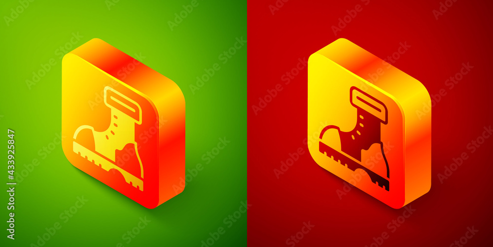 Isometric Waterproof rubber boot icon isolated on green and red background. Gumboots for rainy weather, fishing, gardening. Square button. Vector Isometric Waterproof rubber boot icon isolated on green and red background. Gumboots for rainy weather, fishing, gardening. Square button. Vector
