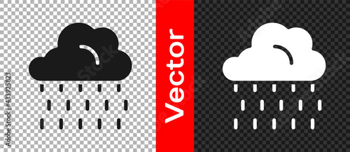 Black Cloud with rain icon isolated on transparent background. Rain cloud precipitation with rain drops. Vector