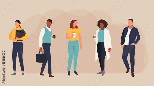 Office workers people of different nationalities standing. Business people holding coffee. Vector illustration.