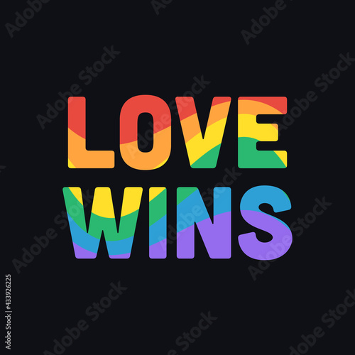 Love Wins - LGBT Pride Month Banner with Rainbow Text Typography. LGBTQ Pride Month Square Banner With Love Wins Slogan Typography in Retro Pride Flag Colours. Good for Social Media Post. 