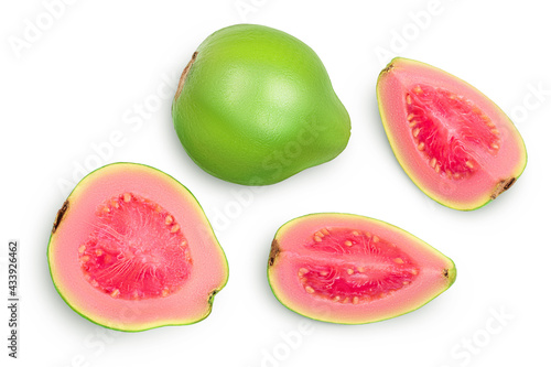Guava fruit with slices isolated on white background with clipping path and full depth of field. Top view. Flat lay