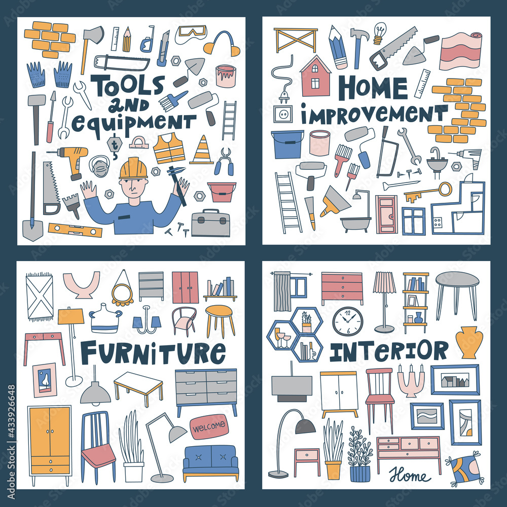 home improvement and interior design doodle flat vector set 