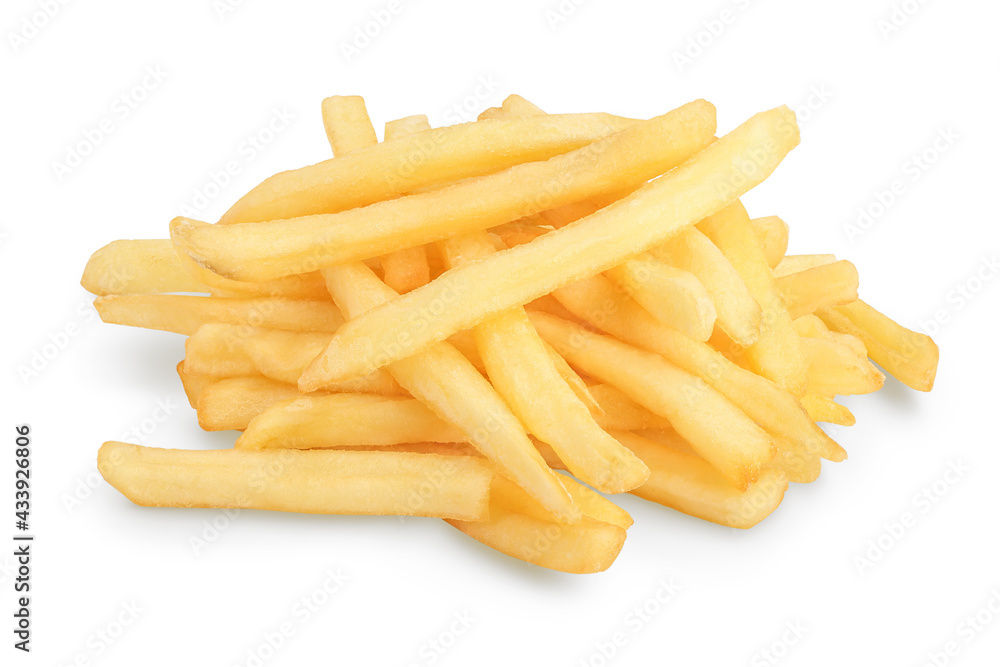 French fries or fried potatoes isolated on white background with clipping path and full depth of field French fries or fried potatoes isolated on white background with clipping path and full depth of field