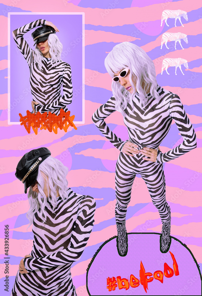custom made wallpaper toronto digitalContemporary digital funky minimal collage poster. Fashion zebra Ladies look. Back in 90s. Pop art zine fashion, music, clubbing culture.