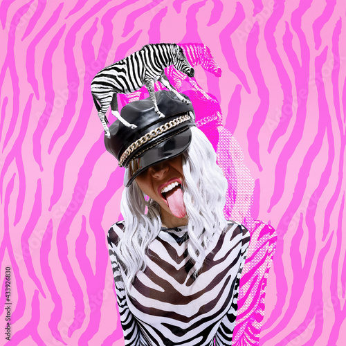 Contemporary digital funky minimal collage poster. Stylish emotional party zebra Lady. Trendy animal print. Back in 90s. Pop art zine fashion, music, clubbing culture.