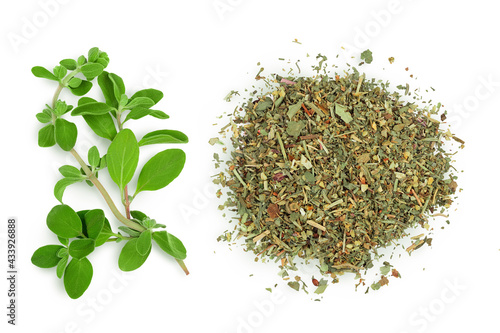 Картината върху платно Oregano or marjoram leaves fresh and dry isolated on white background with clipping path