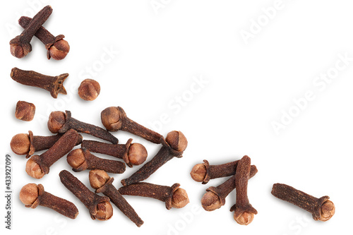 Dry spice cloves isolated on white background with clipping path. Top view. Flat lay