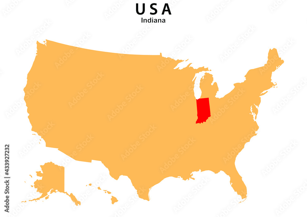 Indiana State map highlighted on USA map. Indiana  map on United state of America.