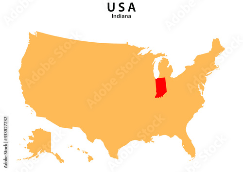 Indiana State map highlighted on USA map. Indiana  map on United state of America.