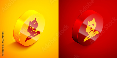Isometric Krampus, heck icon isolated on orange and red background. Horned devil. Traditional Christmas devil. Happy Halloween party. Circle button. Vector