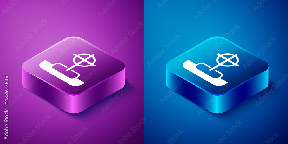 Isometric Tombstone with cross icon isolated on blue and purple background. Grave icon. Happy Halloween party. Square button. Vector Isometric Tombstone with cross icon isolated on blue and purple background. Grave icon. Happy Halloween party. Square button. Vector