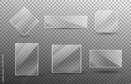 Realistic transparent glass window set. Collection of Glass plates on transparent background. Acrylic and glass texture with glares and light. Rectangle frame. Vector