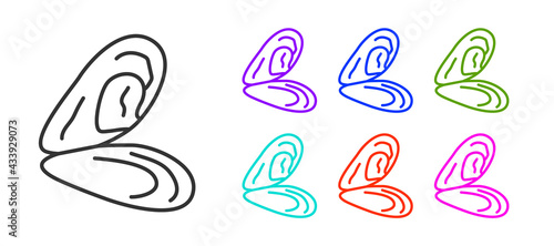 Black line Mussel icon isolated on white background. Fresh delicious seafood. Set icons colorful. Vector