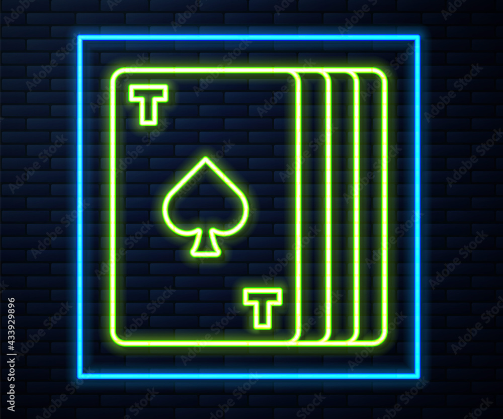 Glowing neon line Deck of playing cards icon isolated on brick wall background. Casino gambling. Vector Glowing neon line Deck of playing cards icon isolated on brick wall background. Casino gambling. Vector