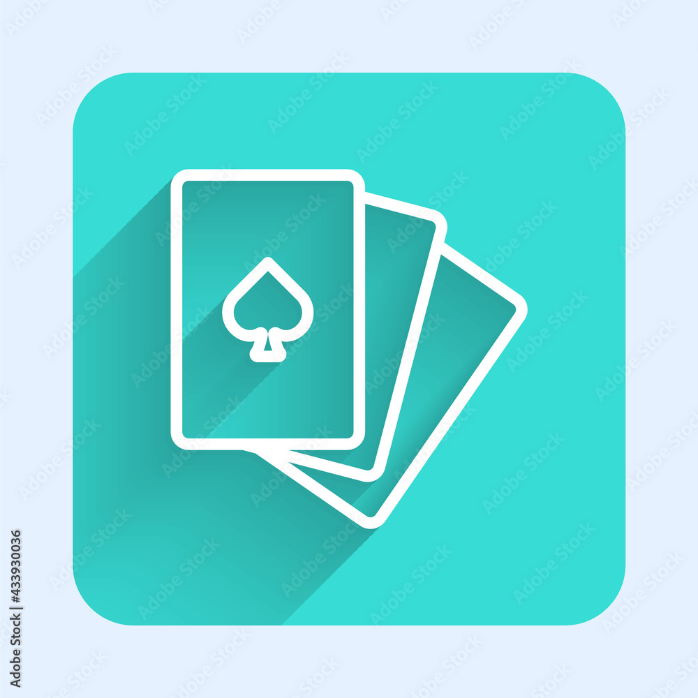White line Deck of playing cards icon isolated with long shadow. Casino gambling. Green square button. Vector White line Deck of playing cards icon isolated with long shadow. Casino gambling. Green square button. Vector