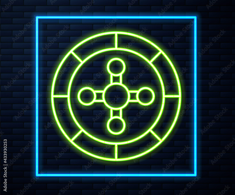 Glowing neon line Casino roulette wheel icon isolated on brick wall background. Vector Glowing neon line Casino roulette wheel icon isolated on brick wall background. Vector