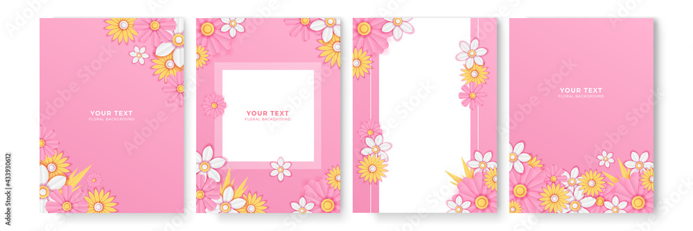 Obraz premium Set of card with flower rose, leaves paper cut. Wedding ornament concept. Floral poster, invite. Vector decorative greeting card or invitation design background. Modern Floral Frame.