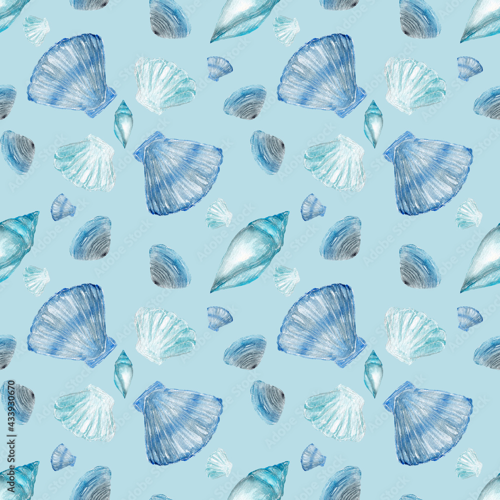 Different watercolor seashells in blue tones on blue background, delicate summer pattern with seashells Different watercolor seashells in blue tones on blue background, delicate summer pattern with seashells