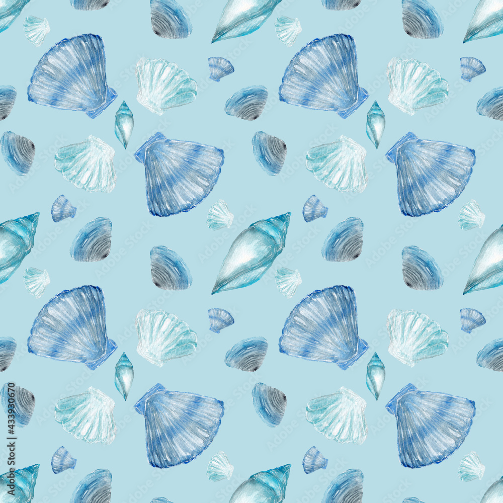 Different watercolor seashells in blue tones on blue background, delicate summer pattern with seashells