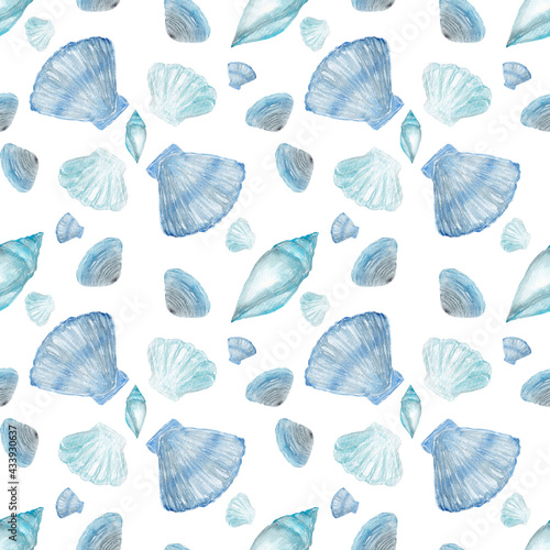 Different watercolor seashells in blue tones on white background, delicate summer pattern with seashells