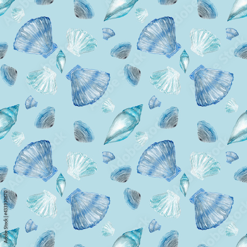 Different watercolor seashells in blue tones on blue background  delicate summer pattern with seashells