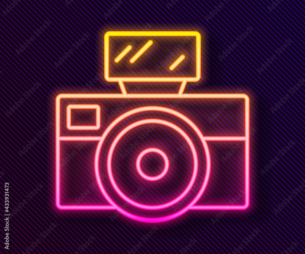 Glowing neon line Photo camera with lighting flash icon isolated on black background. Foto camera. Digital photography. Vector Glowing neon line Photo camera with lighting flash icon isolated on black background. Foto camera. Digital photography. Vector