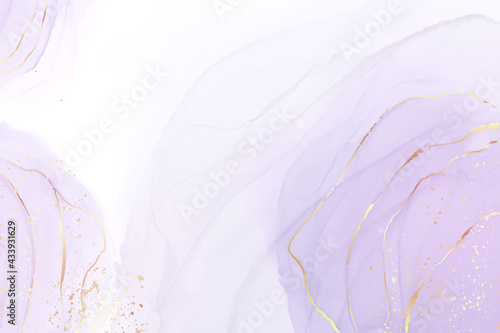 Mauve liquid watercolor background with golden glitter splash. Pastel violet marble alcohol ink drawing effect. Vector illustration of abstract stylish fluid art amethyst backdrop