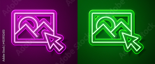 Glowing neon line Photo retouching icon isolated on purple and green background. Photographer, photography, retouch icon. Vector