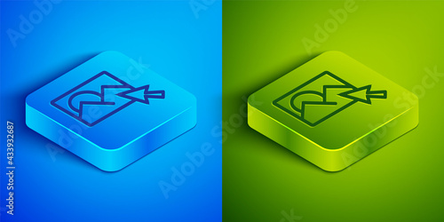 Isometric line Photo retouching icon isolated on blue and green background. Photographer, photography, retouch icon. Square button. Vector