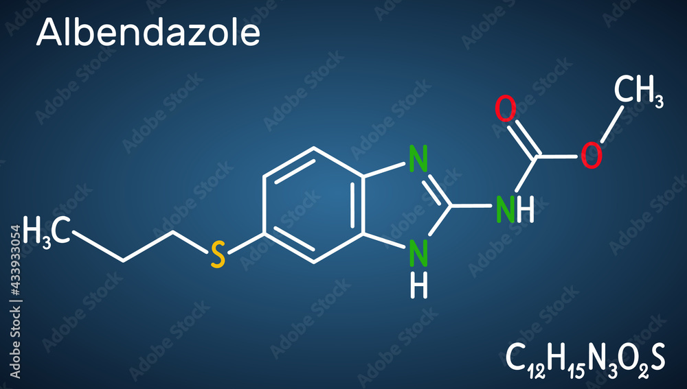 Albendazole molecule. It is is broad-spectrum, synthetic benzimidazole-derivative anthelmintic, used in treatment of parasitic worm infestations. Dark blue background Albendazole molecule. It is is broad-spectrum, synthetic benzimidazole-derivative anthelmintic, used in treatment of parasitic worm infestations. Dark blue background