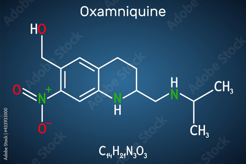 Oxamniquine molecule. It is member of quinolines, anthelmintic with schistosomicidal activity against Schistosoma mansoni, used to treat schistosomiasis. Dark blue background