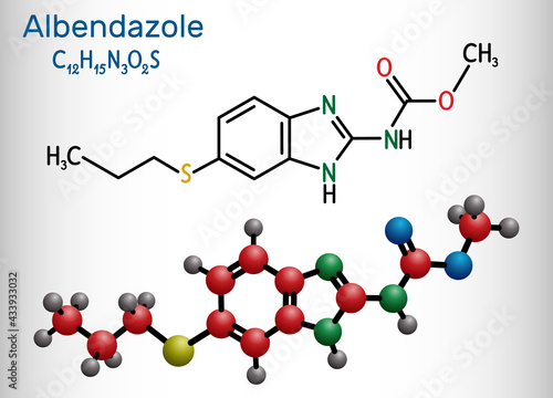 Albendazole molecule. It is is broad-spectrum, synthetic benzimidazole-derivative anthelmintic, used in treatment of parasitic worm infestations. Vector illustration