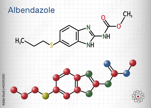 Albendazole molecule. It is is broad-spectrum, synthetic benzimidazole-derivative anthelmintic, used in treatment of parasitic worm infestations. Sheet of paper in a cage